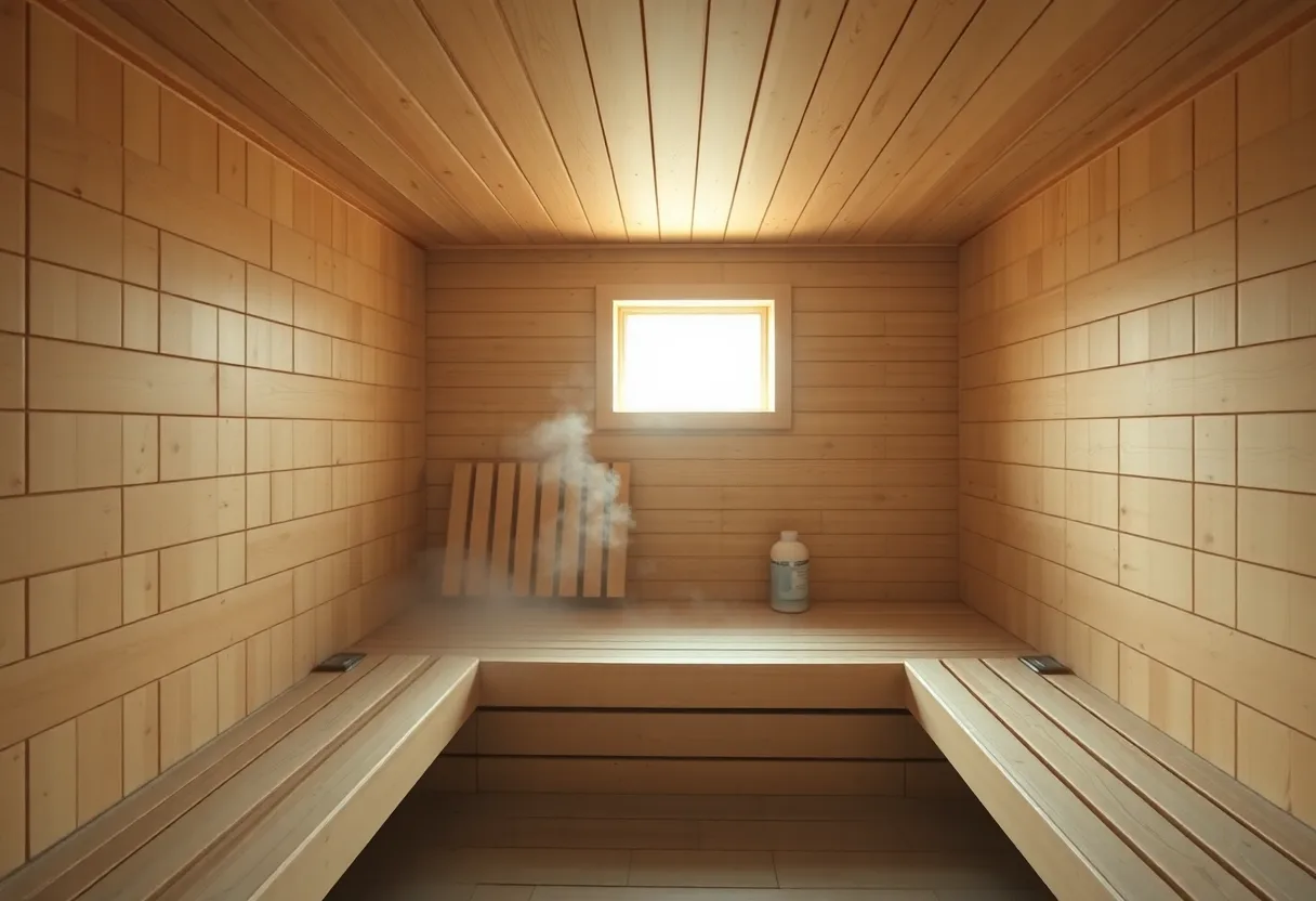 Traditional Finnish sauna interior with warm wooden benches