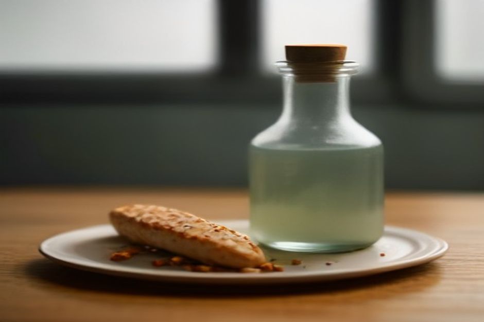 Grilled chicken breast and lentils beside a glass bottle in morning light, illustrating BCAA supplements and aging