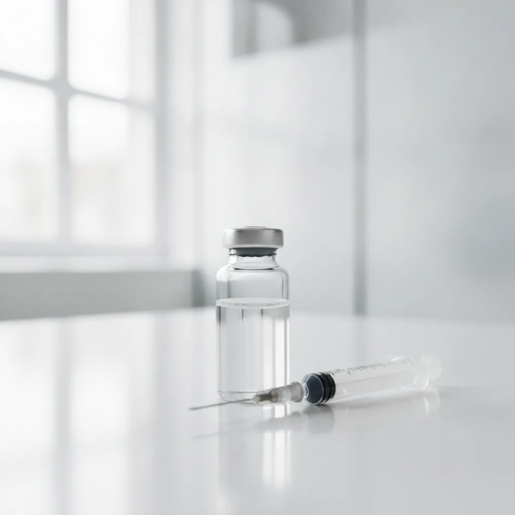 BPC-157 peptide vial and syringe on a clinical laboratory surface
