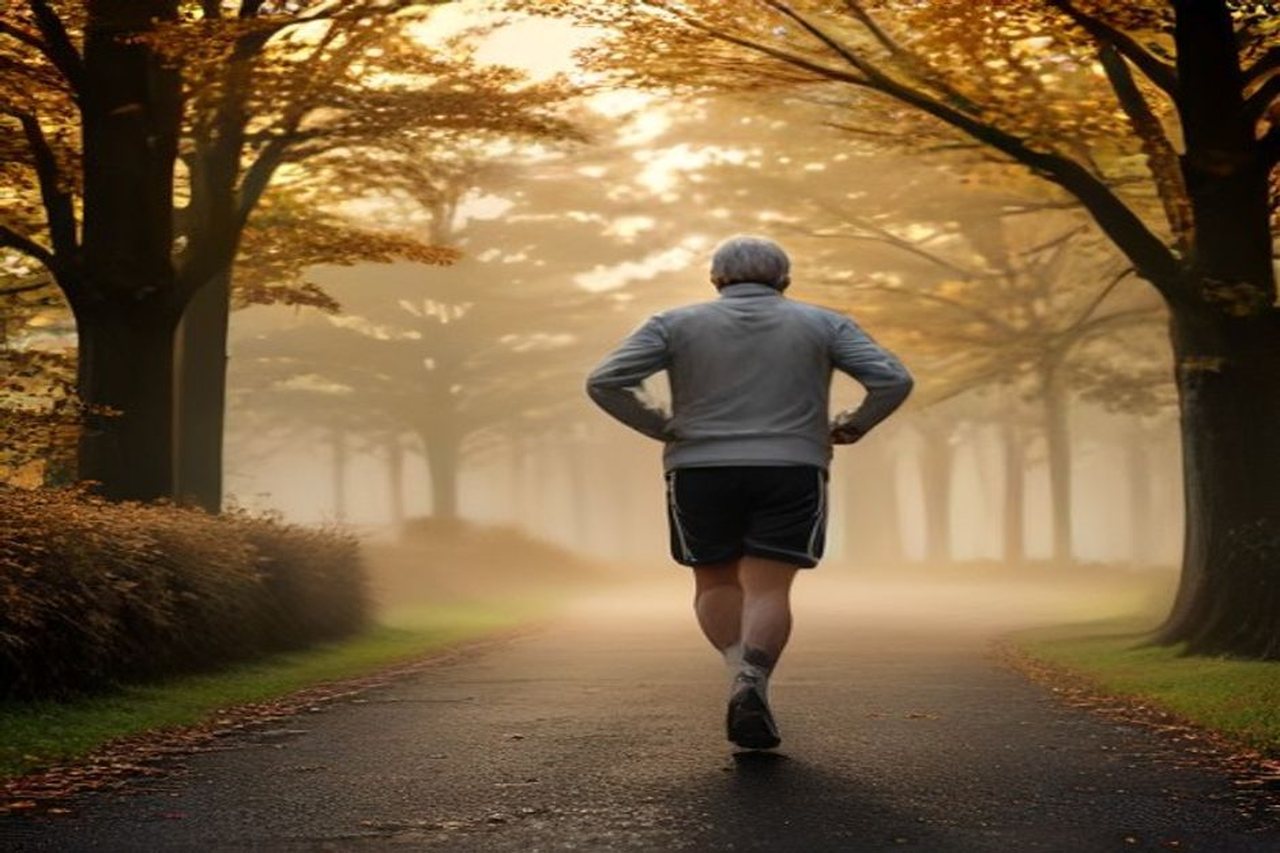 Grey-haired man in his fifties running on a misty tree-lined park path at sunrise, illustrating exercise and brain aging after 50