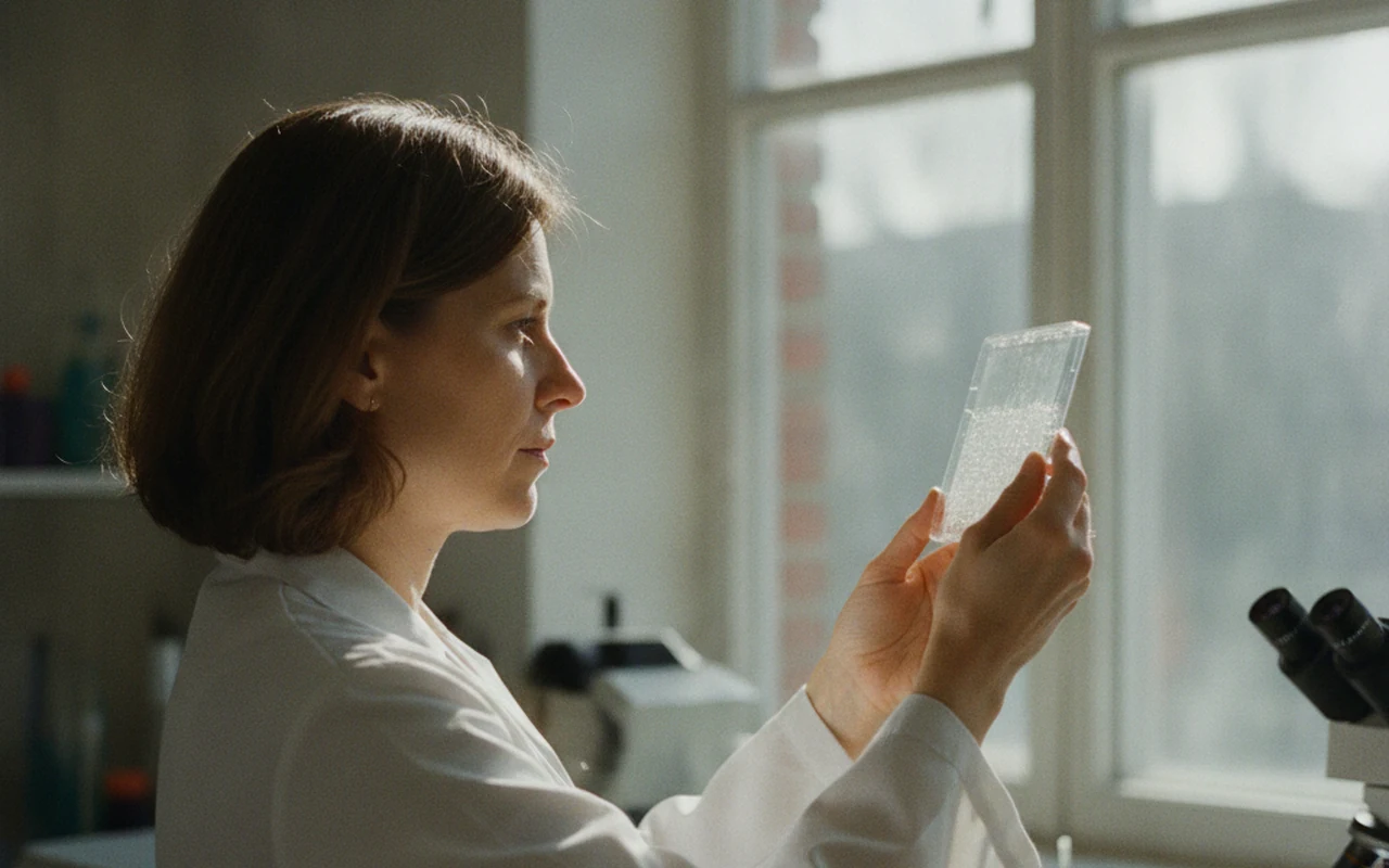 Researcher in a bright laboratory holding a clear cell-culture plate up to the window light during reprogramming research