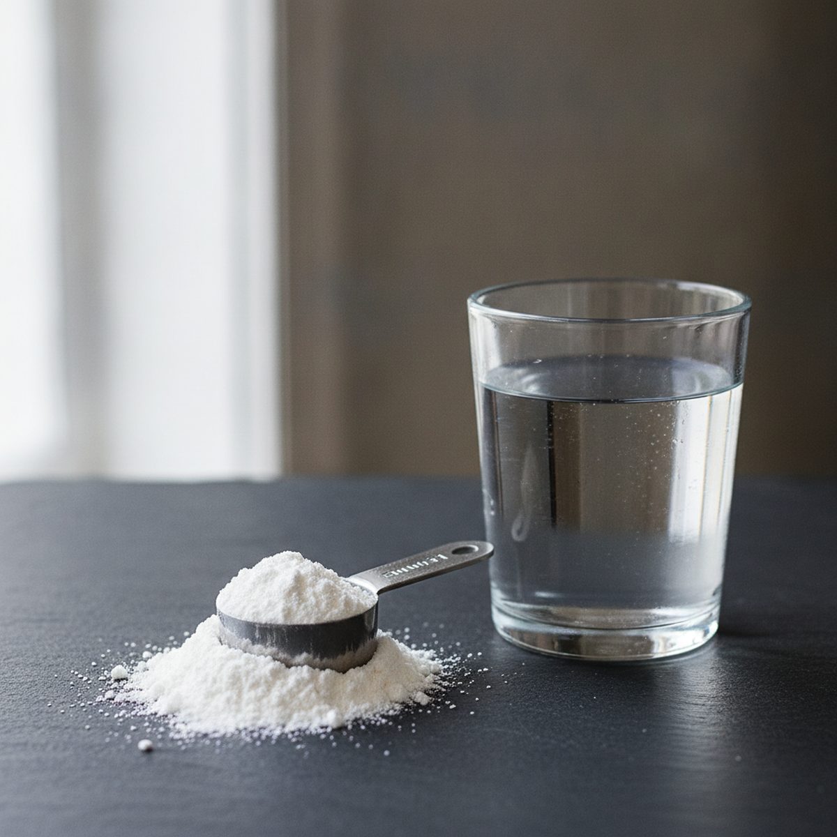 Creatine monohydrate powder with a scoop and a glass of water
