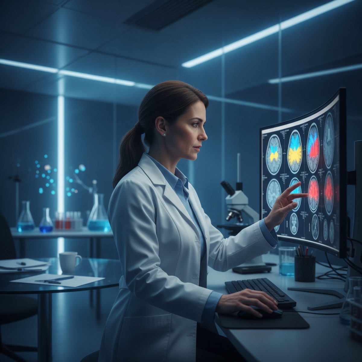 Researcher reviewing brain scans in a neuroscience laboratory studying creatine and cognition