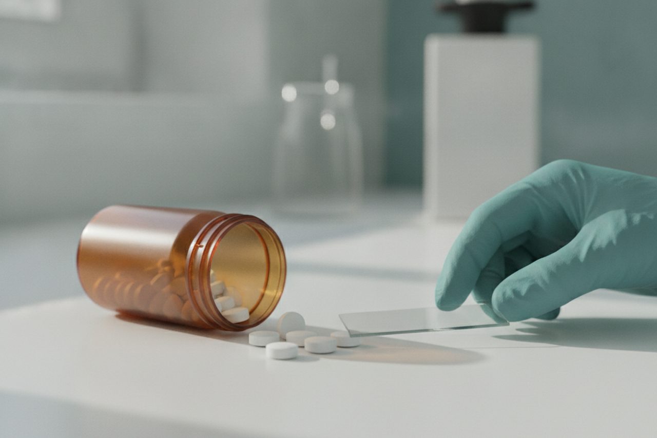 Open prescription bottle with white tablets spilling onto a laboratory bench, illustrating research into existing drugs that slow aging