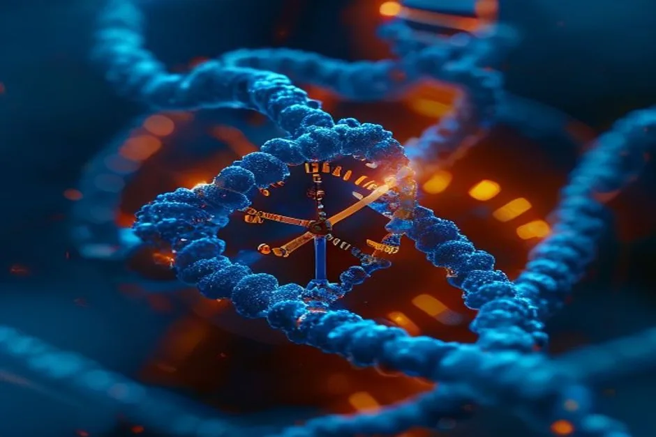 Glowing DNA helix with an embedded clock face representing the epigenetic clock