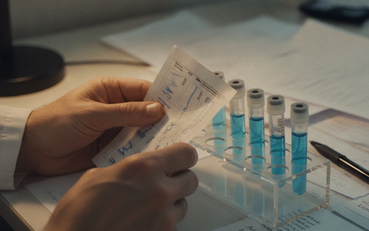 Scientist’s hands holding a printed DNA methylation data sheet beside sample tubes, epigenetic clock testing