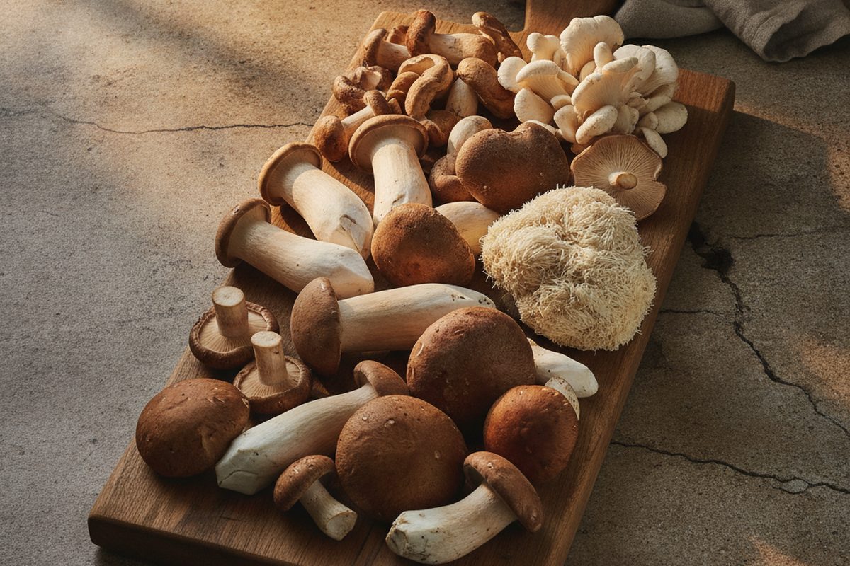 A rustic board of fresh mushrooms — the richest dietary source of ergothioneine, the longevity vitamin