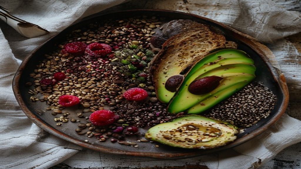 Overhead editorial still life of high-fiber whole foods for fibermaxxing: lentils, black beans, chia seeds, raspberries, oats and whole-grain bread