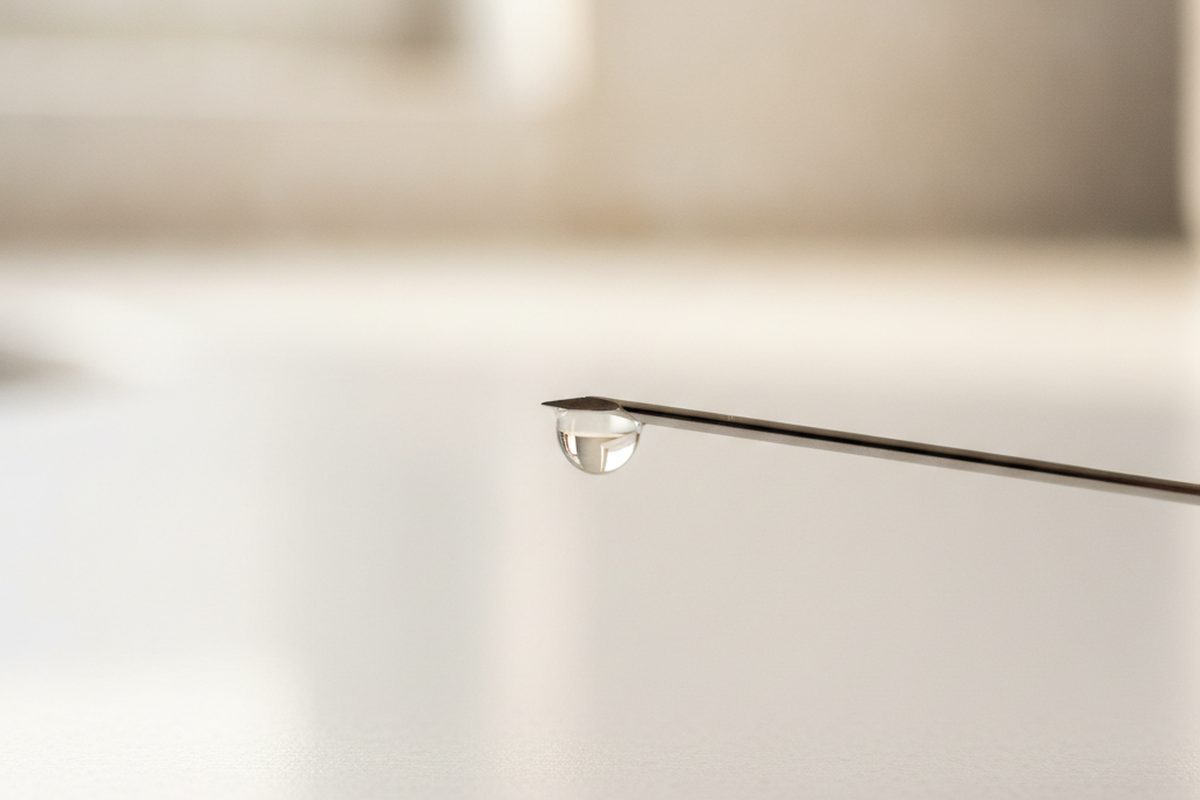 A single tiny droplet at the tip of a fine GLP-1 injection pen needle, illustrating microdosing semaglutide for longevity