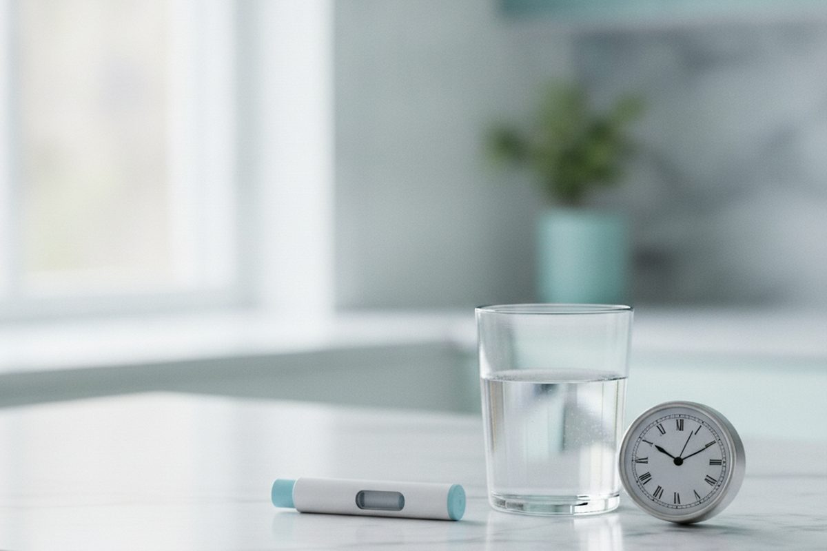 A weekly GLP-1 injection pen on a marble counter beside a glass of water and a clock, illustrating semaglutide and biological aging