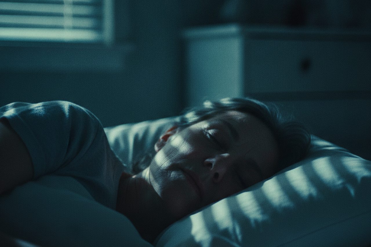 Person in their fifties asleep at night in blue moonlight, illustrating glymphatic system brain cleaning during sleep