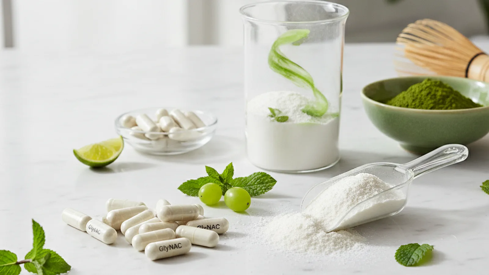Amino acid supplement powder and capsules on a clean white surface