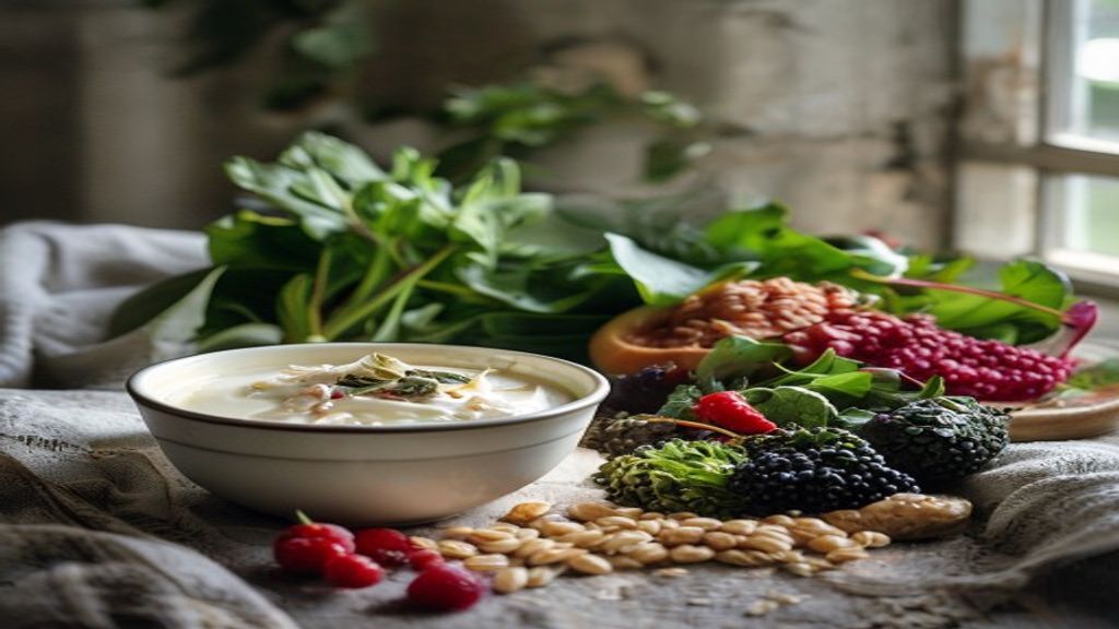 Editorial still life of gut-healthy fermented and fiber-rich foods illustrating the gut microbiome and aging