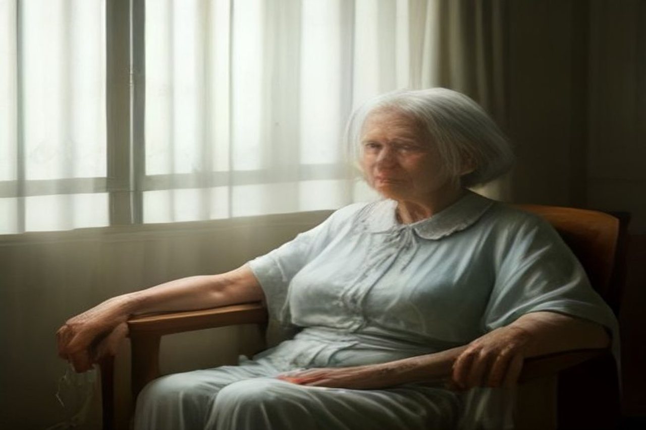 Older woman sitting in an armchair beside a sunlit window during a summer heatwave, illustrating how heat and aging affect the body