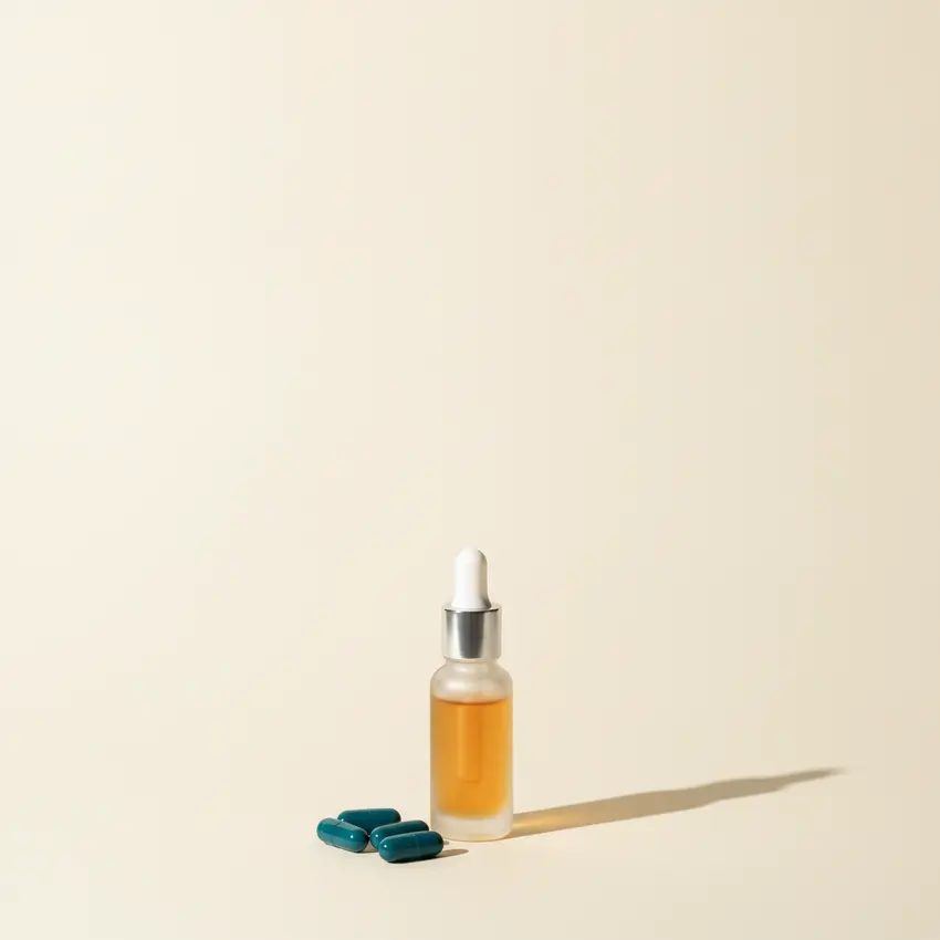 Amber peptide serum bottle on cream linen