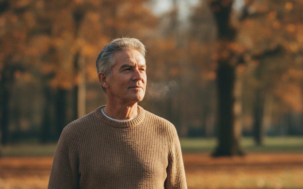 Healthy man in his late sixties walking through a park on an autumn morning, illustrating immune system aging