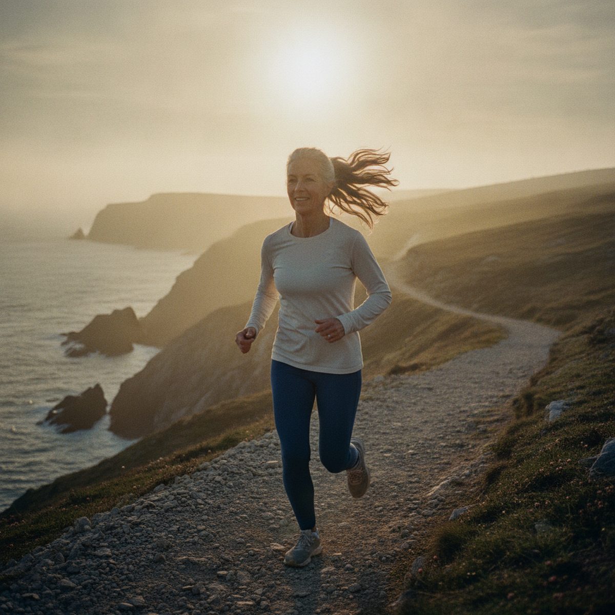 Active woman in her sixties running on a coastal trail at dawn, illustrating how exercise raises the longevity protein klotho
