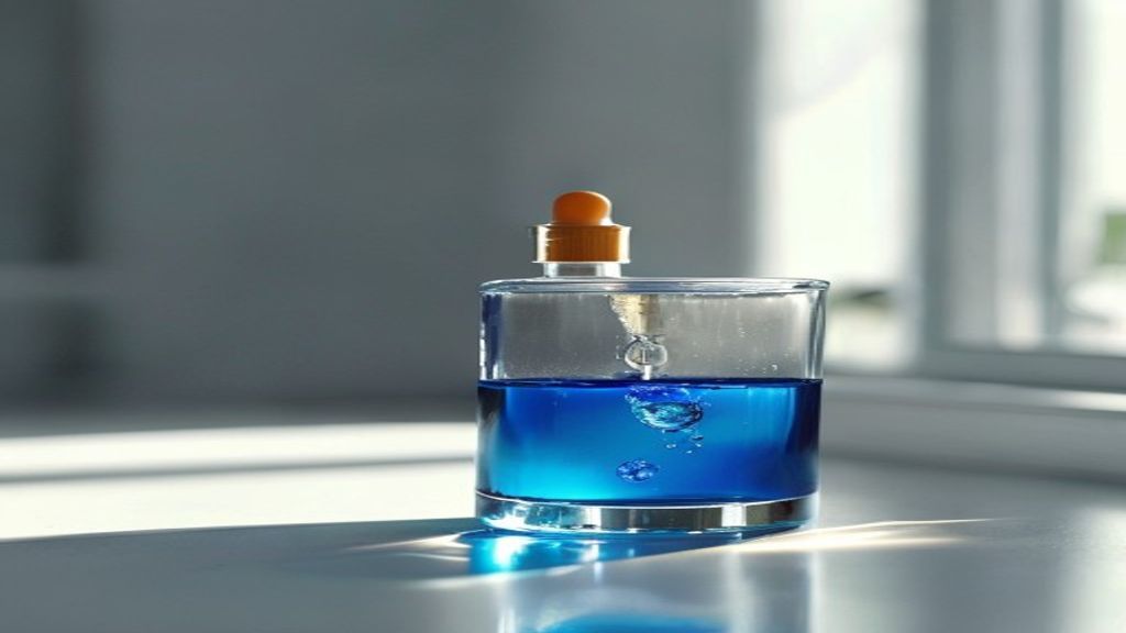 Dropper bottle of vivid blue methylene blue liquid on a laboratory counter
