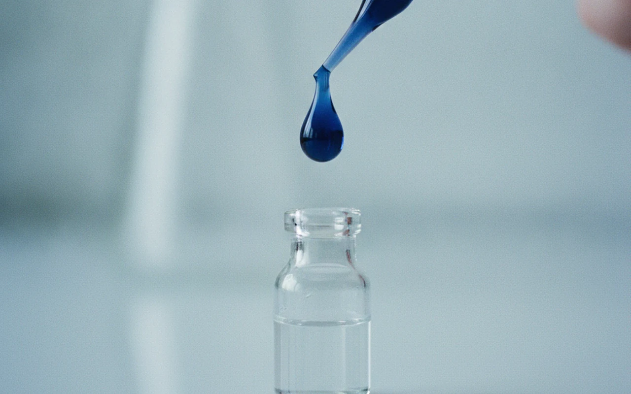 Macro photograph of a deep blue methylene blue drop falling from a glass pipette into a vial on a lab bench