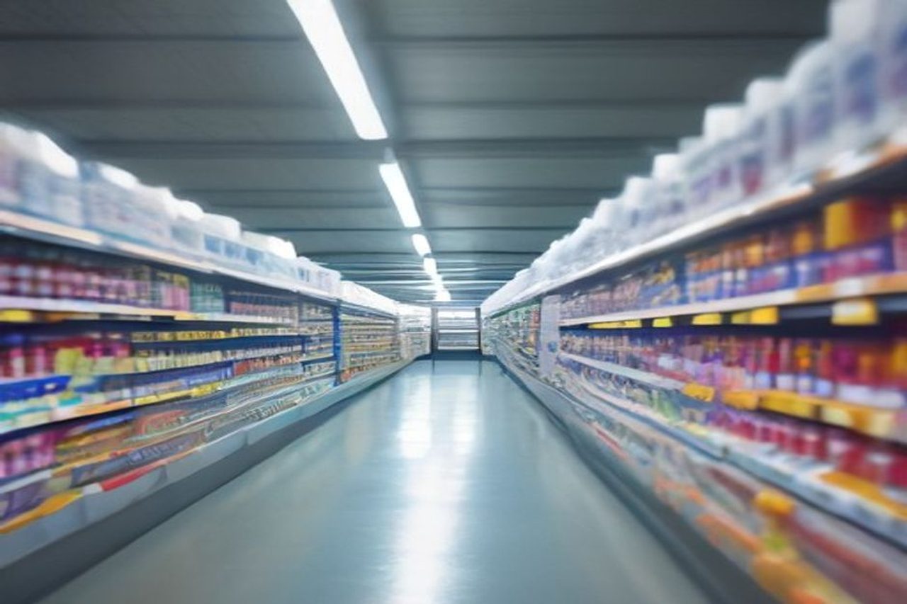 Supermarket aisle stacked with plastic-packaged food and bottled water, illustrating everyday exposure behind microplastics and aging