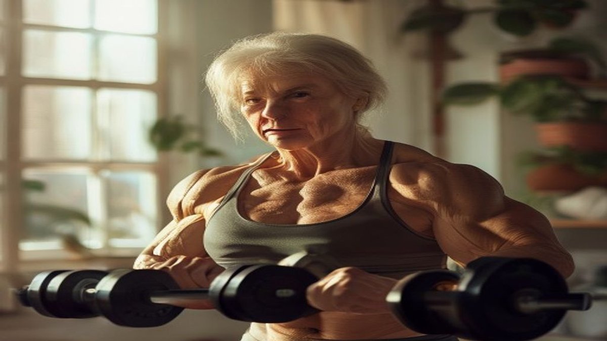 Woman in her sixties strength training to prevent muscle loss with age