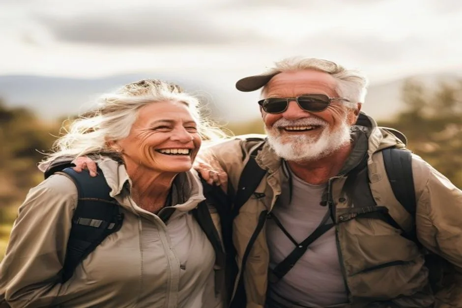 Active older couple hiking outdoors, representing healthy cellular energy