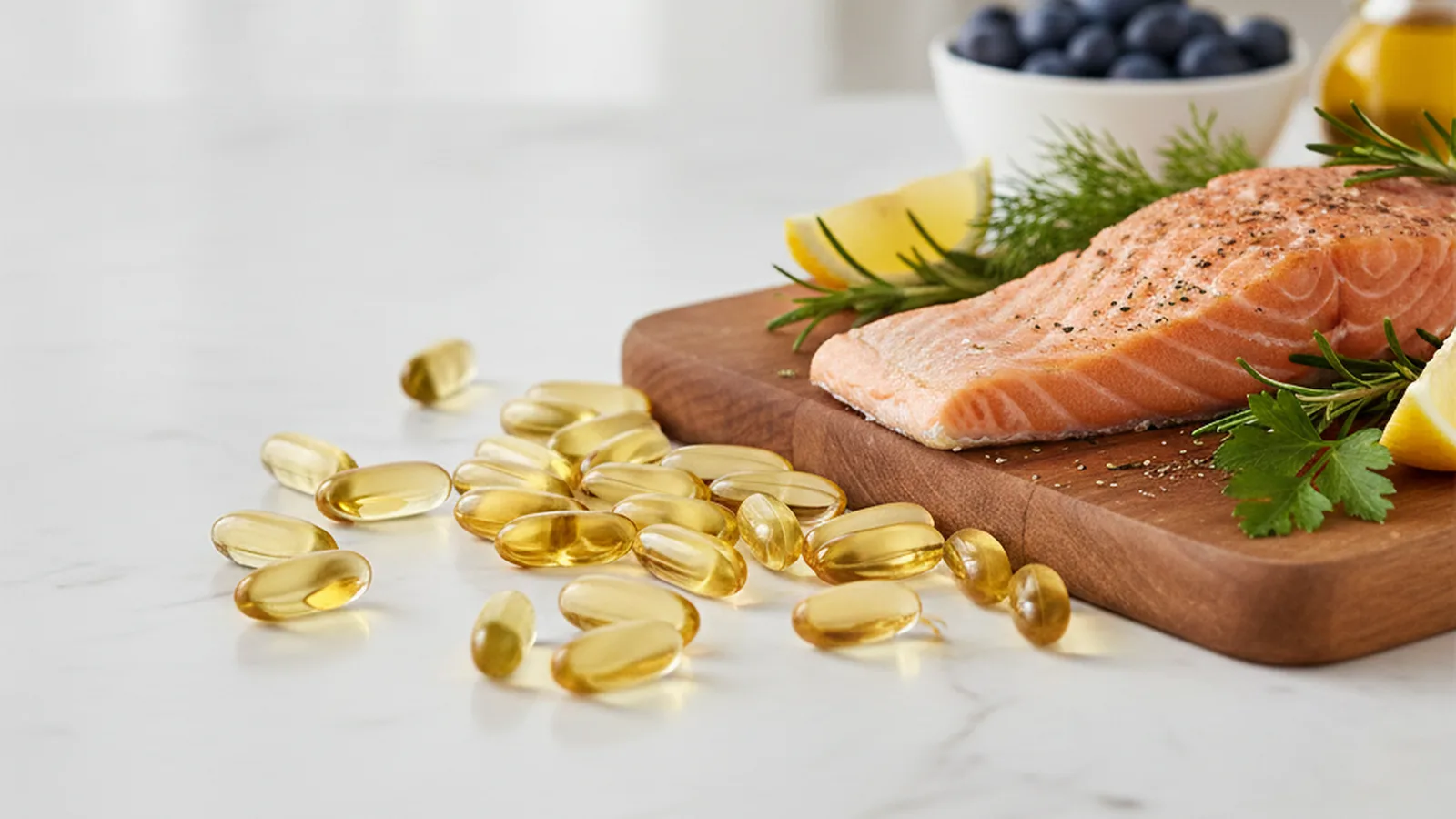 Fresh salmon, walnuts and olive oil in a bright kitchen, dietary sources of omega-3