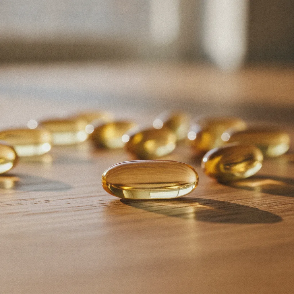 Omega-3 fish oil capsules on a wooden table