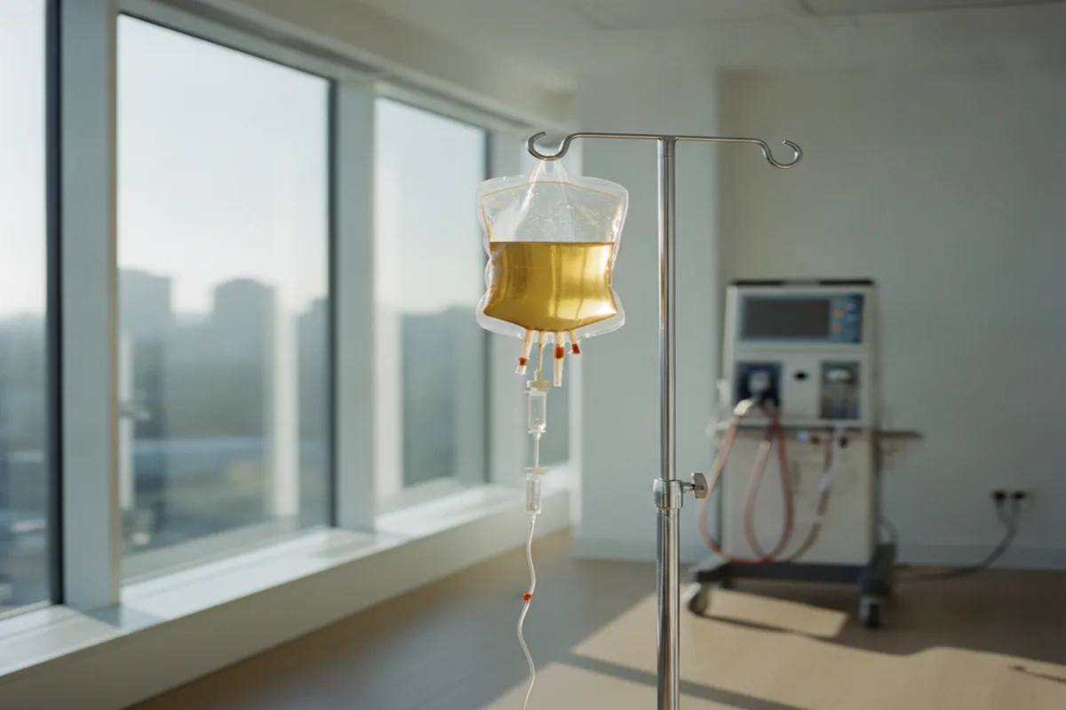Bag of golden blood plasma on an IV stand during therapeutic plasma exchange