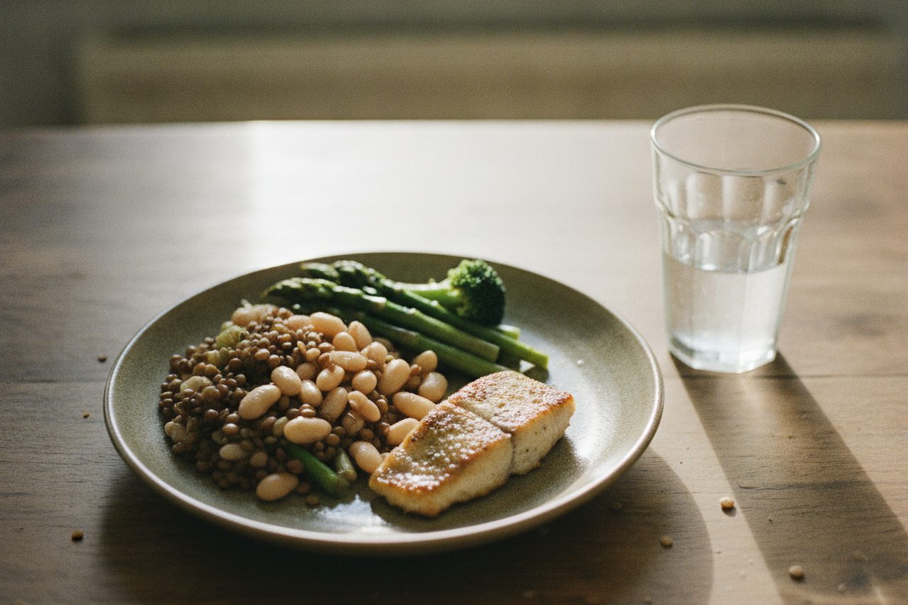 Plate with a small portion of fish and a large portion of lentils and vegetables, illustrating protein restriction for longevity