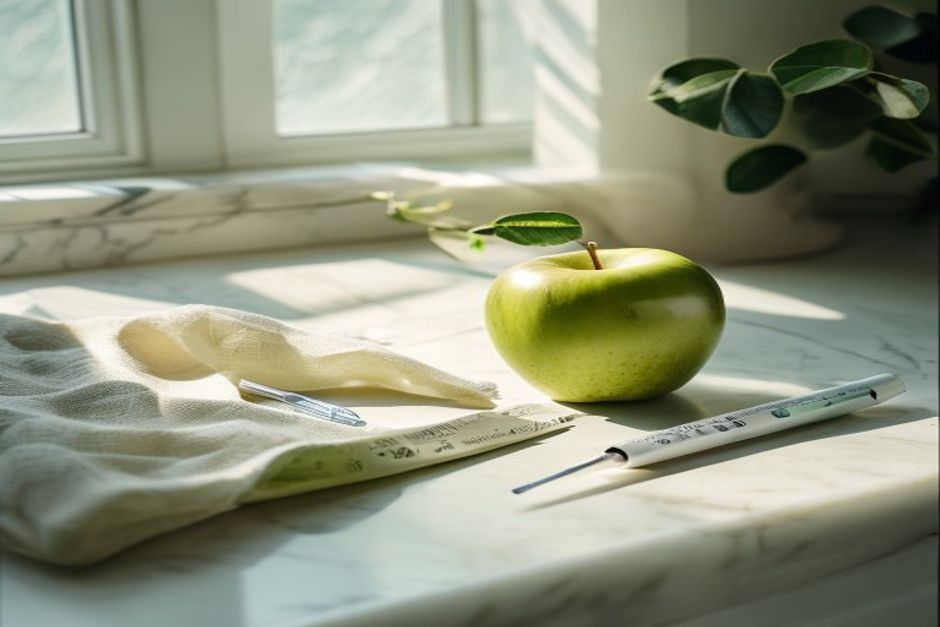 A weekly retatrutide injection pen on a marble counter beside a tape measure and a green apple, illustrating the triple-agonist weight-loss drug and aging