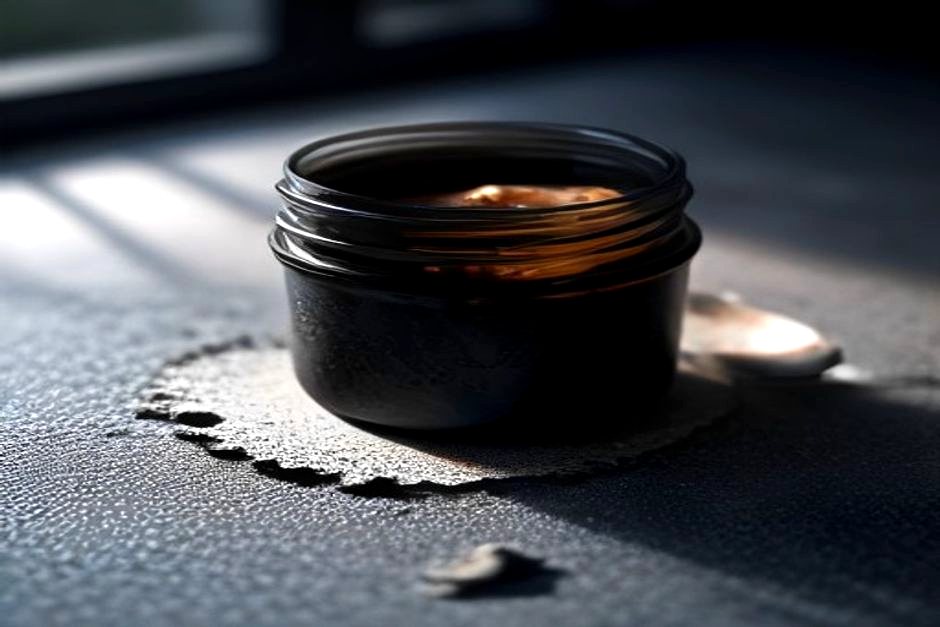Dark tar-like shilajit resin in an open glass jar on stone in morning light