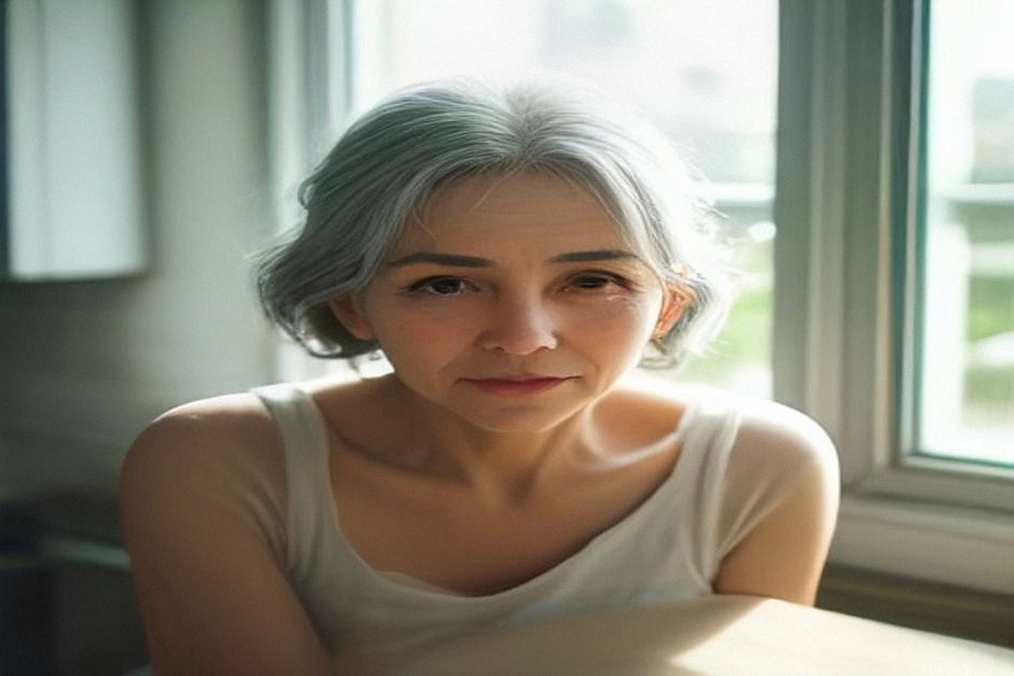 Woman in her late fifties by a bright window with bare unretouched skin, illustrating skin longevity
