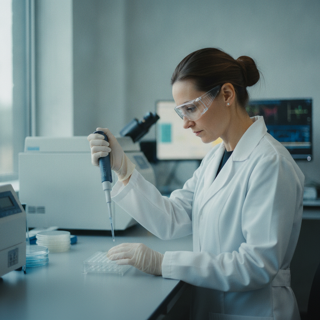 Wissenschaftlerin pipettiert Proben in einem Longevity-Forschungslabor, das Ergothionein untersucht