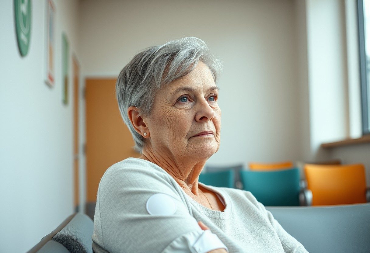 Older woman in a clinic waiting room after a vaccination, illustrating thymus aging and immune decline